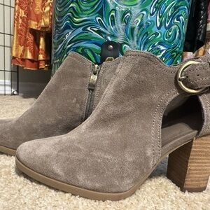 Franco Sarto Taupe Suede Cutout Block Heel Mules